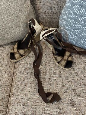 Coach Tan and Brown Signature Canvas Wedge Sandals with Ankle Wrap